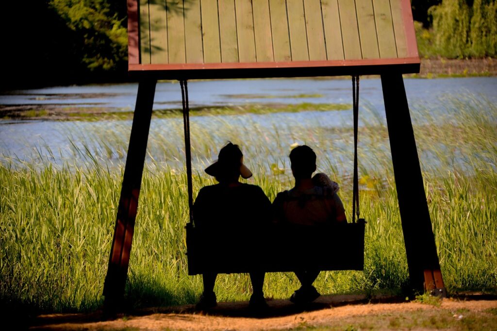 family, married couple, nature, swing, love, shelter, park, lake