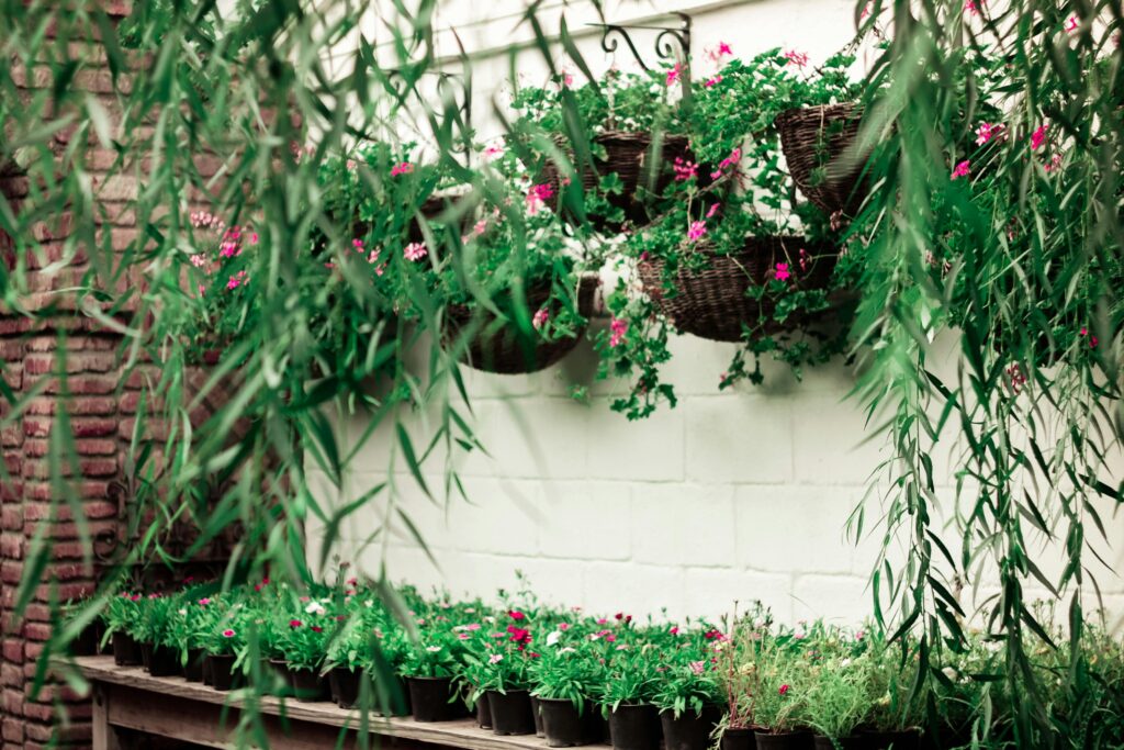 Lush garden scene with colorful flowers in pots and hanging baskets, perfect for outdoor decor inspiration.